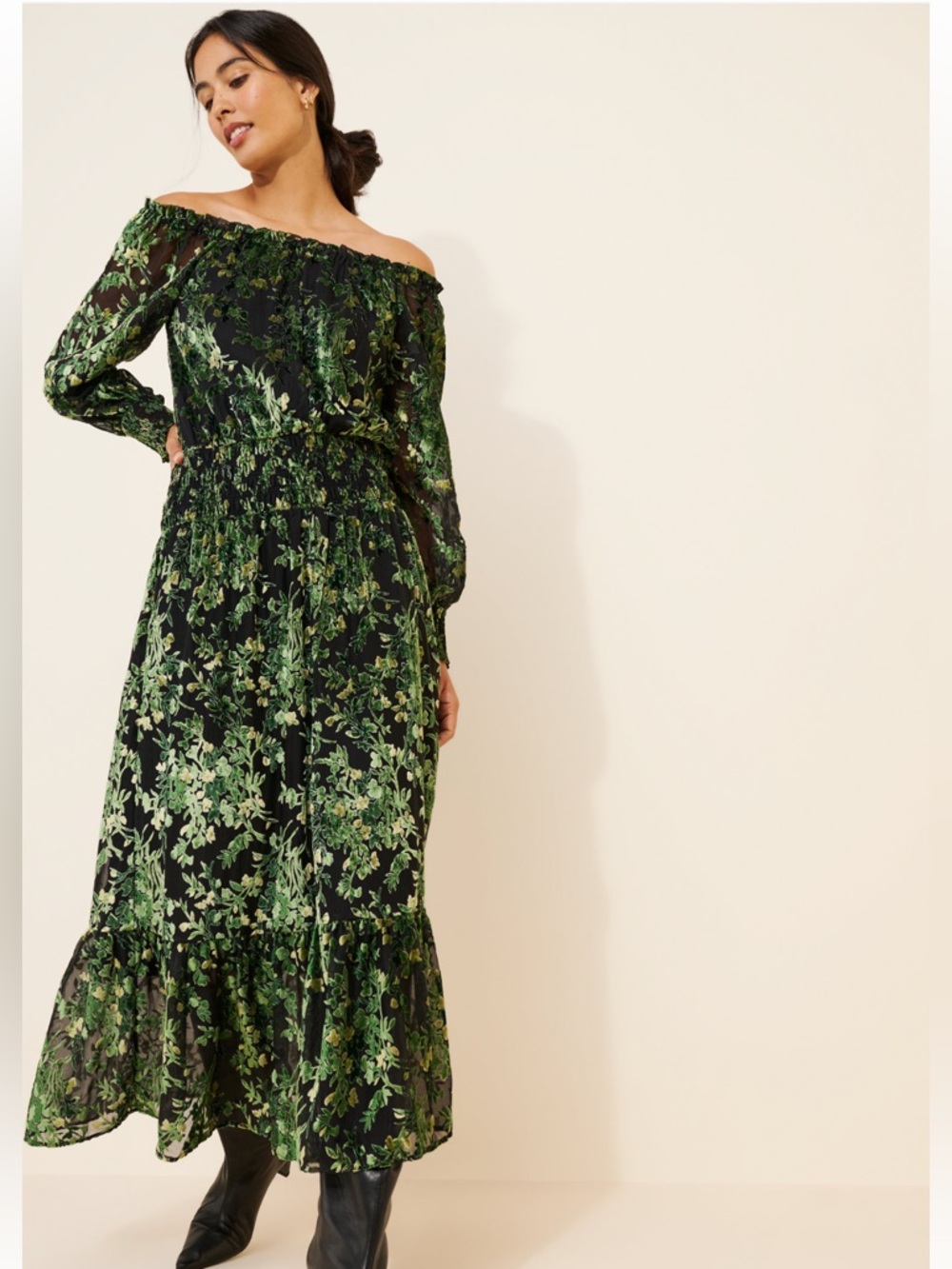 Anthropologie Velvet Smocked Off Shoulder Dress Size Small